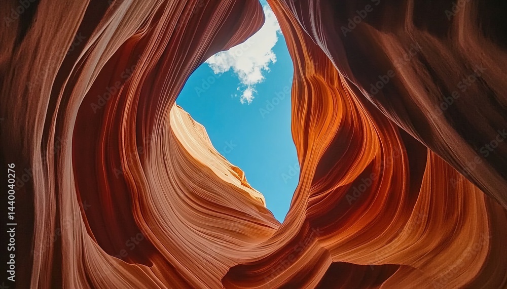Obraz premium View from below of a winding slot canyon with smooth red-orange rock formations and blue sky.