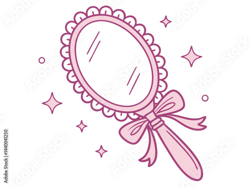 Pink Scalloped Hand Mirror with Bow and Sparkles Illustration