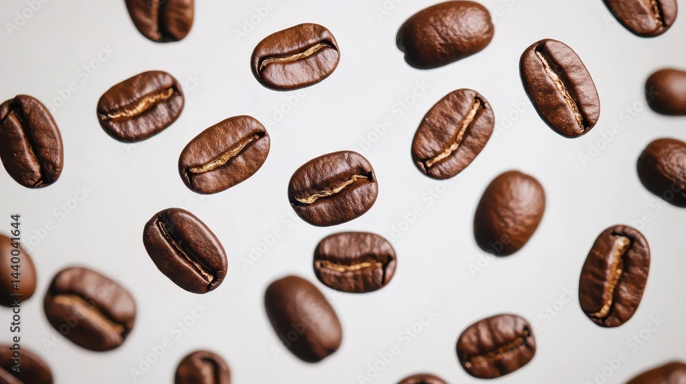 Coffee beans floating gently in mid-air whimsical feel soft diffused light close-up focus on texture minimalist aesthetic Coffee beans floating gently in mid-air whimsical feel soft diffused light close-up focus on texture minimalist aesthetic