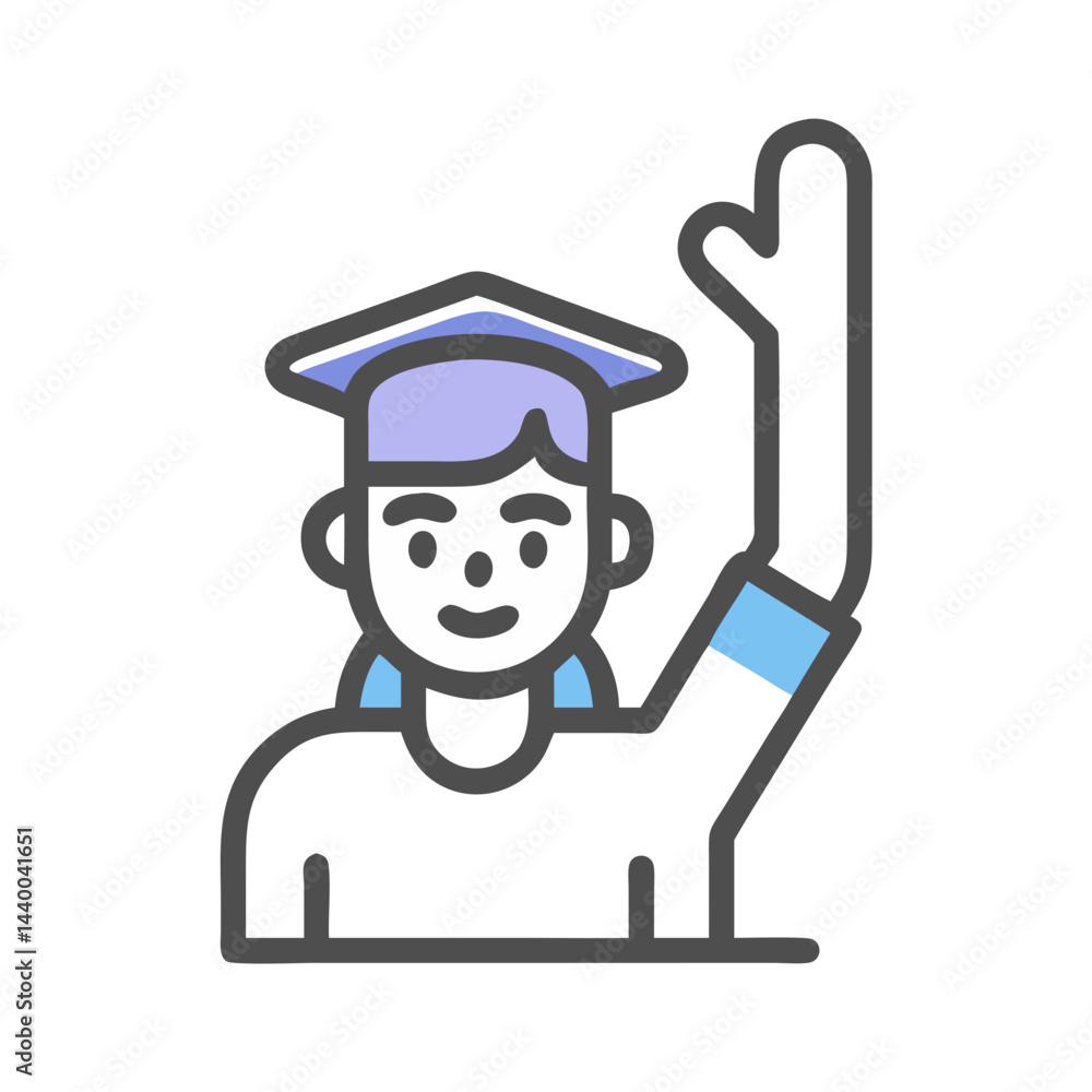 Obraz premium Graduate student waving his hand on black background icon illustration