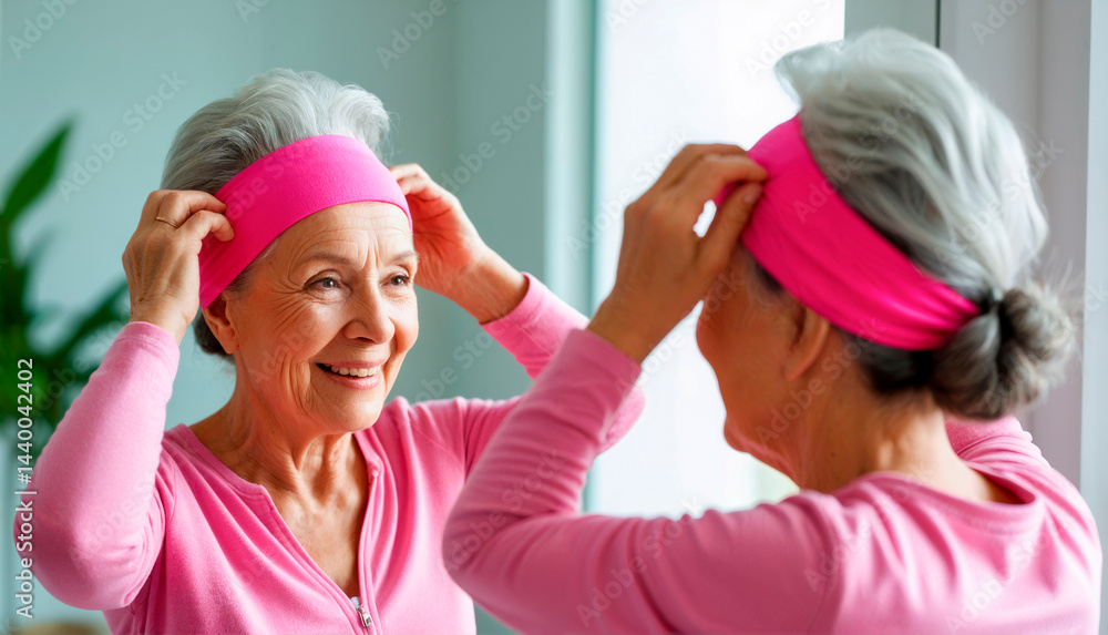 Elderly Woman Looking Out of a Mirror, Smiling and Adjusting Pink Headband Before Workout , Celebrating Active Aging and Vitality