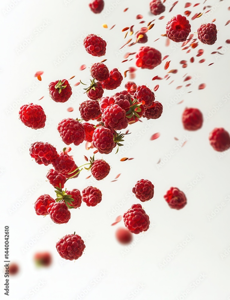 Fresh raspberries in mid-air, scattered and falling. Vibrant red berries, petals, and leaves are suspended in motion against a white background Fresh raspberries in mid-air, scattered and falling. Vibrant red berries, petals, and leaves are suspended in motion against a white background