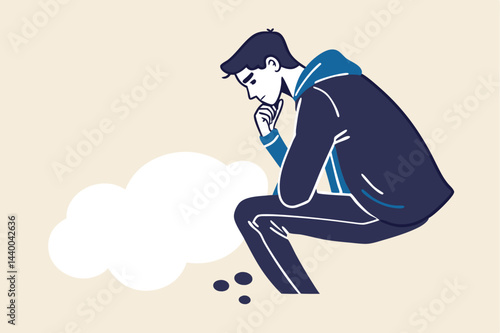 Think of solution, critical thinking to solve problem, focus on new idea, concentration or philosophy, skeptical or rational concept, thoughtful businessman sitting like thinker on thinking bubble.