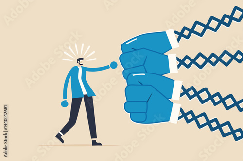 Business challenge to deal with many competitors, difficulties and problems, strength or power to overcome conflict concept, confidence businessman with boxing glove fights with many opponents.