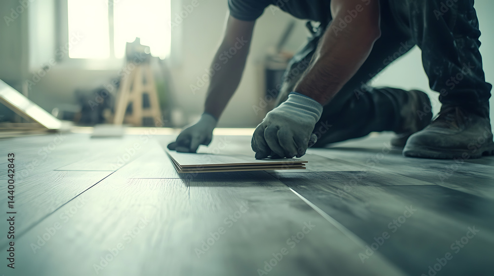 Worker Installing Laminate Flooring in a Room Worker Installing Laminate Flooring in a Room