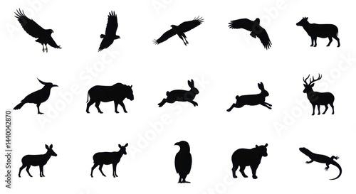 Collection of Wildlife and Bird Silhouettes Featuring Mammals and Avian Creatures