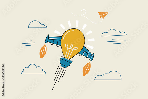 Boost creative idea, imagination, innovation or technology to help success, invent new solution to win business competition concept, bright lightbulb idea with rocket booster flying fast into the sky.