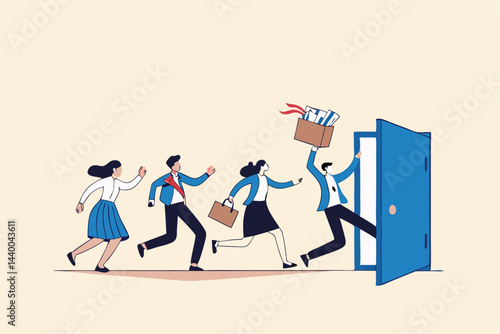 Great resignation, employee resign, quit or leaving company, people management or human resources problem concept, business people employee resign and walk through exit door.