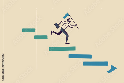 Project management waterfall Gantt chart to track complete tasks and workflow to deliver or launch target timeline concept, businessman project manager jump on project management Gantt chart.