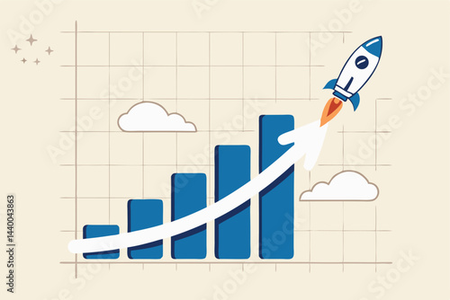 Exponential growth or compound interest, investment, wealth or earning rising up graph, business sales or profit increase concept, financial report graph with exponential arrow from flying rocket.