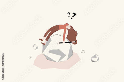 Run out of idea and imagination, lack of motivation or uninspired causing time wasted, failure and mistake concept, overwhelmed creative woman lie down on crumpled paper after fail of idea creation.