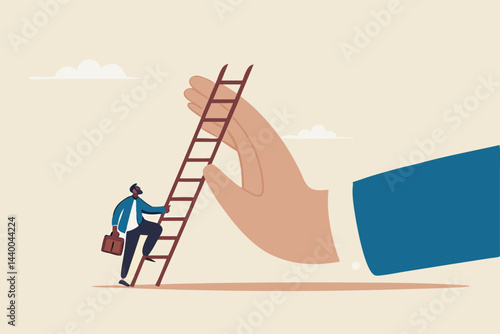 Overcome business obstacle, barrier or difficulty, challenge to solve business problem and see opportunity concept, ambitious businessman about to climb up ladder to overcome giant hand stopping him.