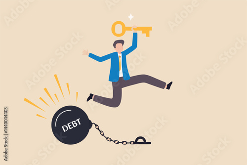 Debt free or freedom for pay off debts, loan or mortgage, solution to solve financial problem, savings or investment to break free, happy businessman holding golden key after unlock debt burden chain.