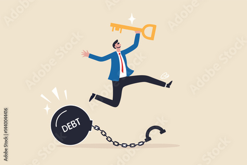 Debt free or freedom for pay off debts, loan or mortgage, solution to solve financial problem, savings or investment to break free, happy businessman holding golden key after unlock debt burden chain.