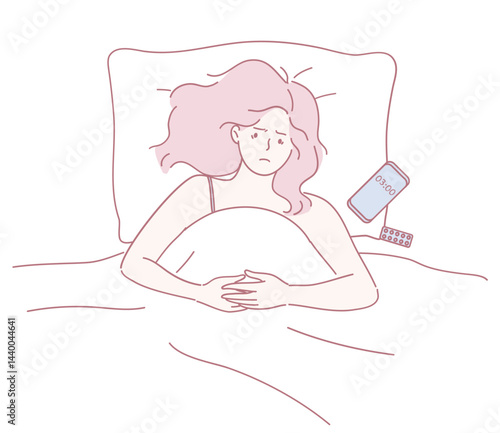 A woman lies awake in bed, feeling anxious, looking at her phone against a backdrop of sleeplessness.