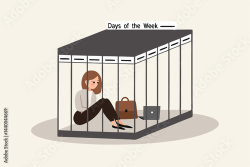 Routine job or five-day working make employee overworked repetitive tasks everyday, no motivation, difficulty to change or find opportunity. Hopeless woman lock in cage or prison of five day working.