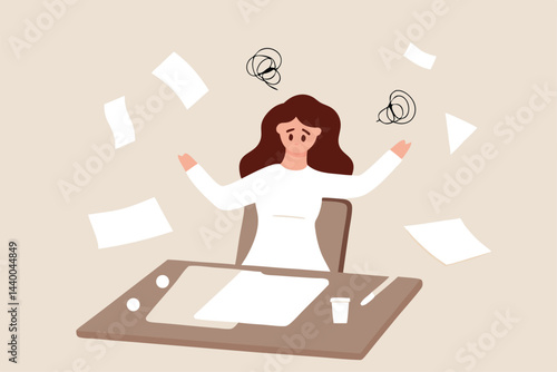 Stressed or anxiety from overload work, fatigue, burnout or exhausted from business problem, no idea concept, frustrated and nervous businesswoman worried about unfinished work on her desk.
