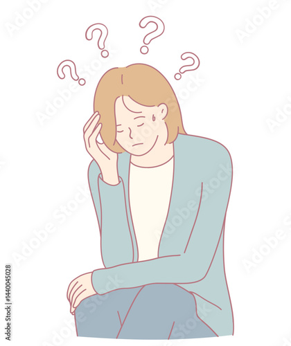 A woman with a puzzled expression sits, looking contemplative as she illustrates her confusion and thoughts