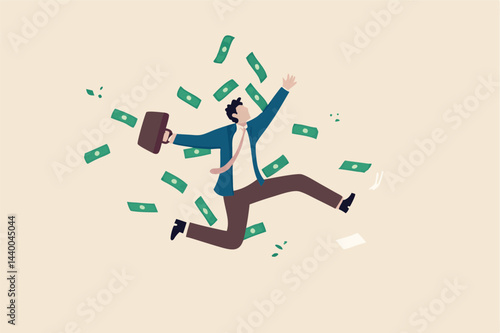 Success businessman achieve financial freedom, happy millionaire with plenty of money and wealth, income or salary increase or career opportunity concept, happy businessman jump high with money rain.