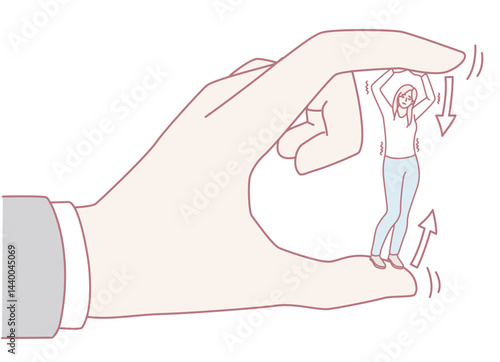 An illustration shows a large hand controlling a tiny figure, symbolizing power dynamics between entities