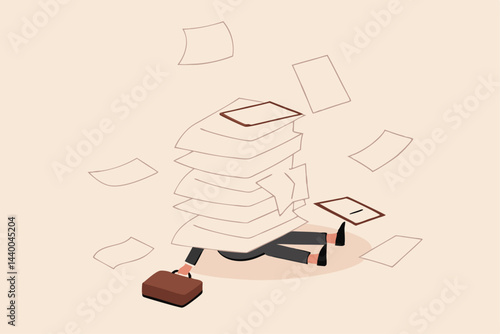 Overwork and overload work make employee exhausted and stressed leads to depression, burnout and low efficiency, fatigue business woman buried under pile of paperwork or unfinished work near deadline.