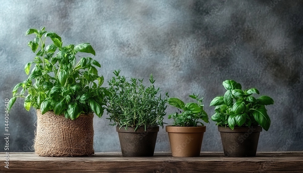 Potted herbs on wooden table with gray textured wall behind. Potted herbs on wooden table with gray textured wall behind.