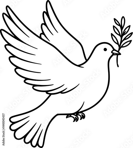 a black and white vector logo outline of a peace dove carrying an olive branch icon