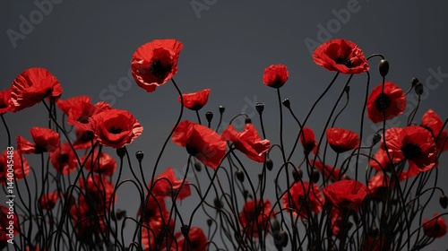 Faintly illuminated poppies (black stems, red heads) low on the bottom