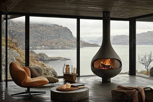 Stylish Modern Fireplace in Lakeside Home with Scenic Mountain Views