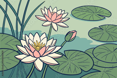 Top View Of Lotus Flowers In A Pond Green Leaves