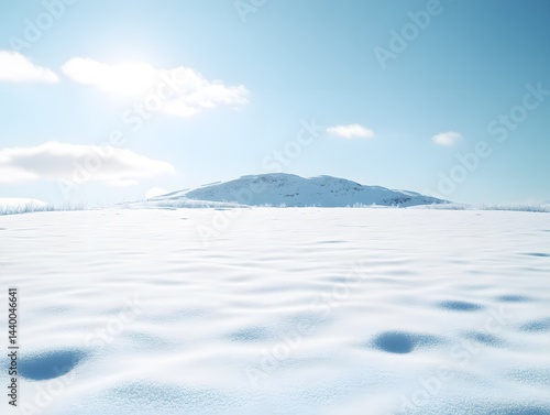 Serene Winter Landscape Snow Covered Field with Distant Mountains under a Blue Sky