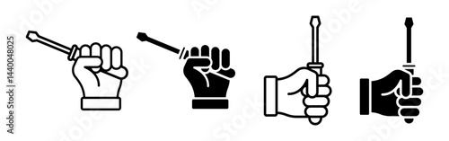 Vector isolated Screw Driver in Hand icon set in black outline and fill