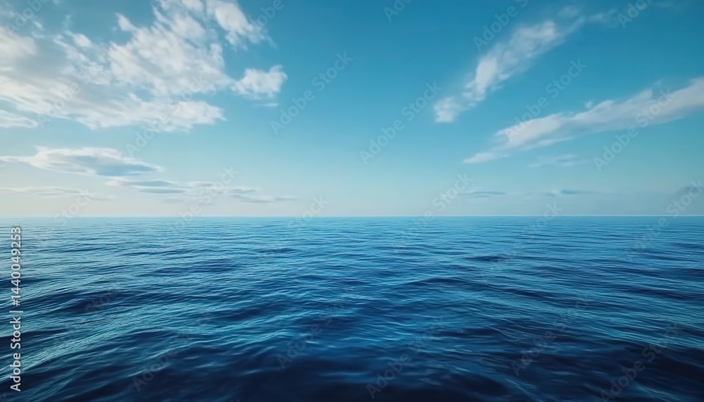 Fototapeta premium Calm sea under a blue sky with white clouds in horizontal composition.