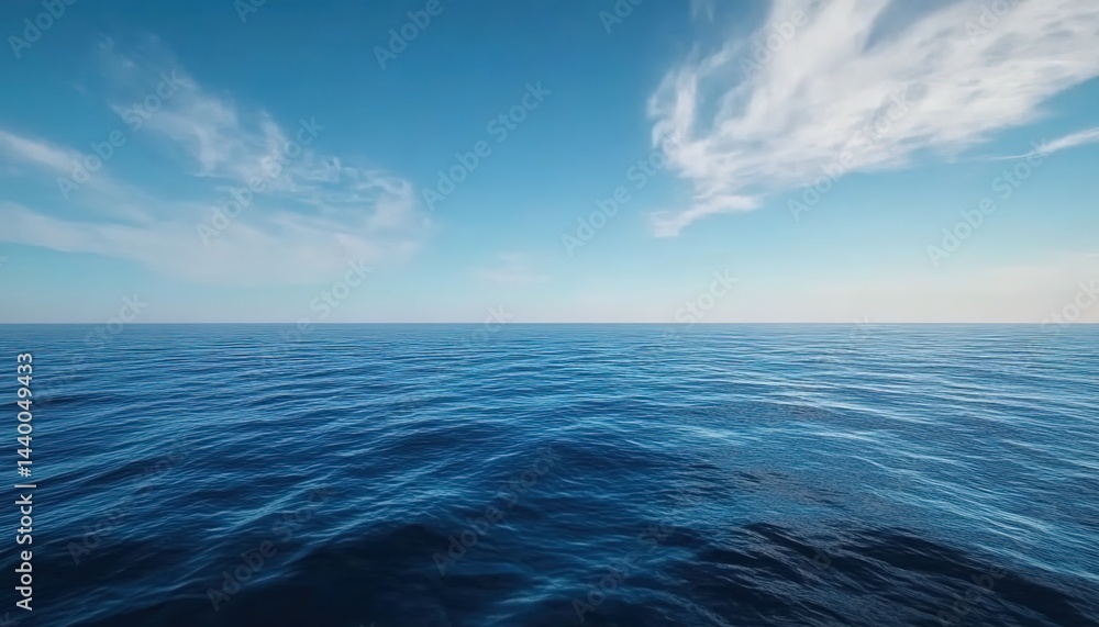 Fototapeta premium Calm sea under a blue sky with white clouds in horizontal composition.