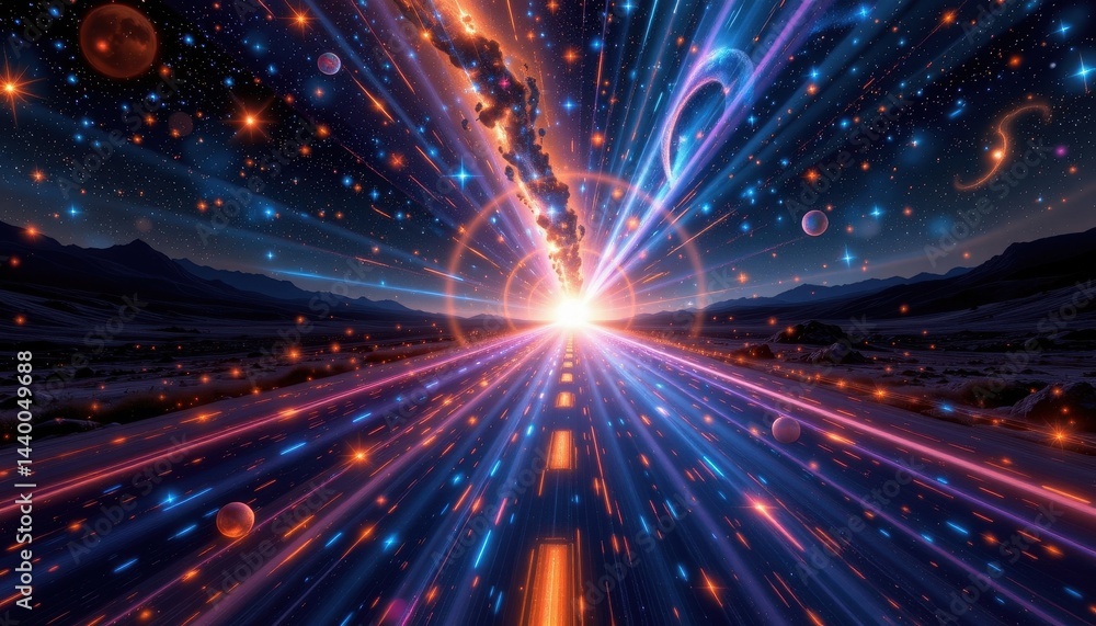 cosmic road an interstellar pathway surrounded by stars and galaxies, with light beams shooting through space. cosmic road an interstellar pathway surrounded by stars and galaxies, with light beams shooting through space.