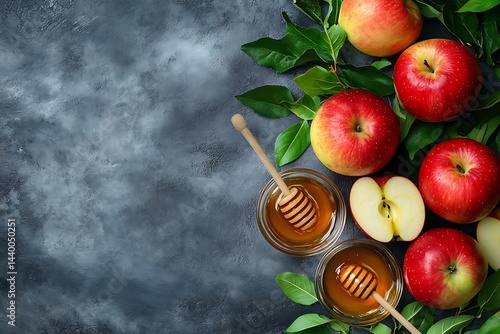 Sweet Rosh Hashanah Honey apples leaves on rustic background warm golden tones overhead shot