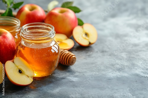 Golden honey in glass jar with fresh red apples a sweet autumn harvest scene on rustic grey surface natural light
