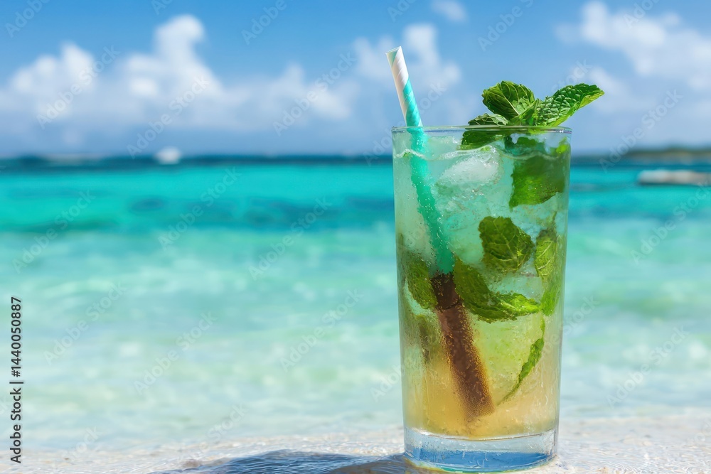 Refreshing mojito cocktail by the turquoise ocean a perfect summer beach drink with vibrant mint ice and a striped straw Refreshing mojito cocktail by the turquoise ocean a perfect summer beach drink with vibrant mint ice and a striped straw