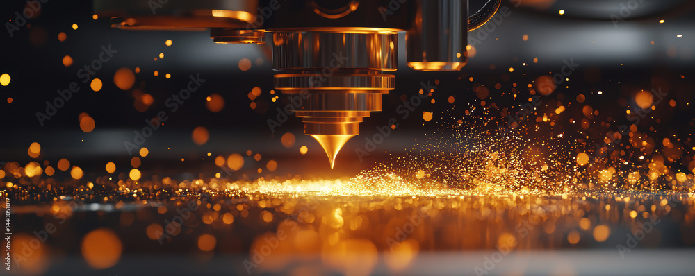 close up view of precision machine tool creating intricate designs with golden sparks flying, additive manufacturing close up view of precision machine tool creating intricate designs with golden sparks flying, additive manufacturing