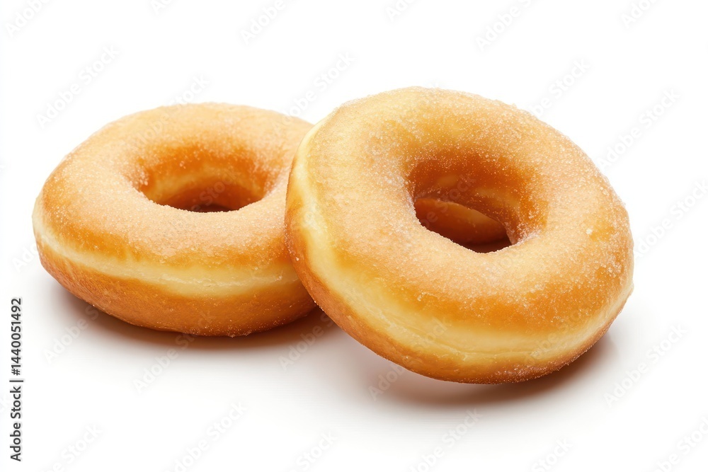 Two golden sugar dusted donuts a delightful treat perfect for a sweet snack or breakfast with bright studio lighting and Two golden sugar dusted donuts a delightful treat perfect for a sweet snack or breakfast with bright studio lighting and