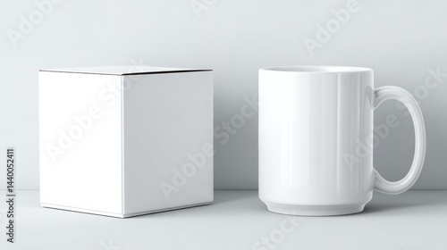Minimalistic white mug and cube box on a light background, suitable for product showcasing