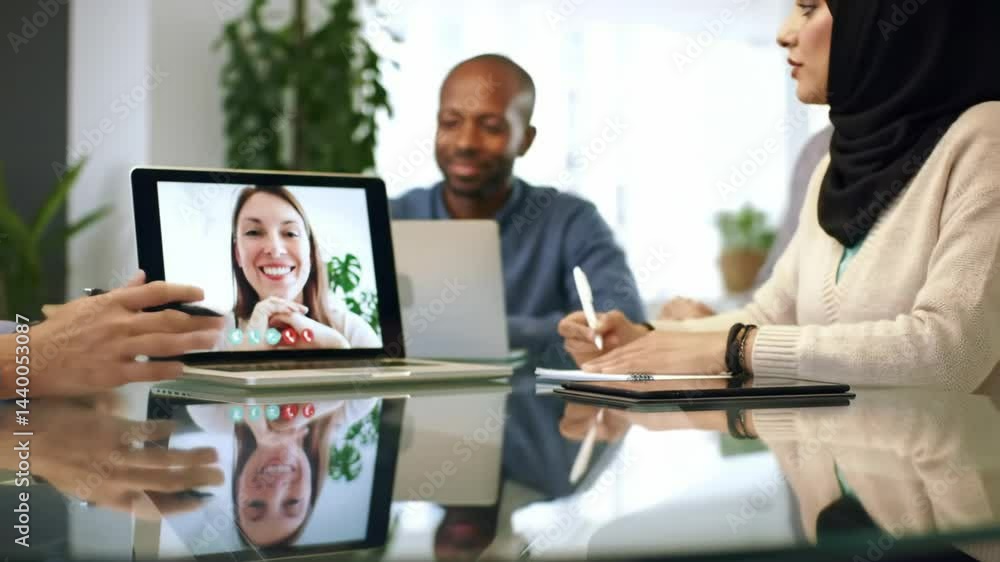 Diverse team in office video conference via laptop with Caucasian woman; includes Black man, woman in hijab. For remote work, global communication, virtual meetings. 4k 60 fps Diverse team in office video conference via laptop with Caucasian woman; includes Black man, woman in hijab. For remote work, global communication, virtual meetings. 4k 60 fps