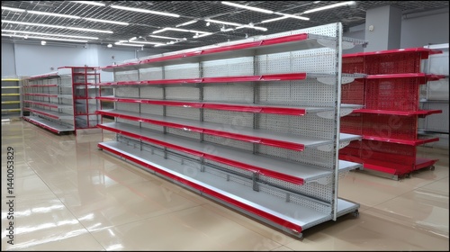 Empty retail shelf in modern store interior.
