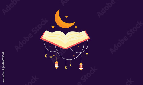 Open Quran Book Floating Beside Crescent Moon