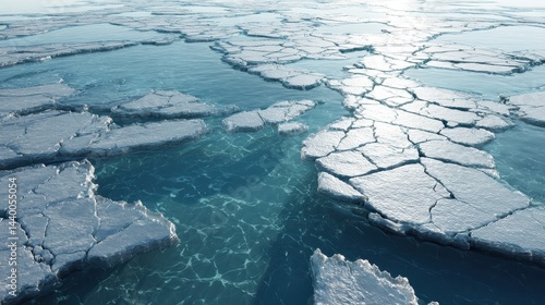 Melting ice caps in pristine blue water.
