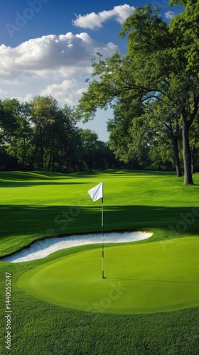 Tranquil Golf Course with White Flag on Pristine Green, Sand Traps, and Blue Sky