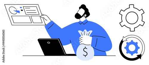 Person analyzing graph on screen while holding money bag, laptop on desk, gear icons for workflows. Ideal for finance, business strategy, analytics, process automation, investment, cost management