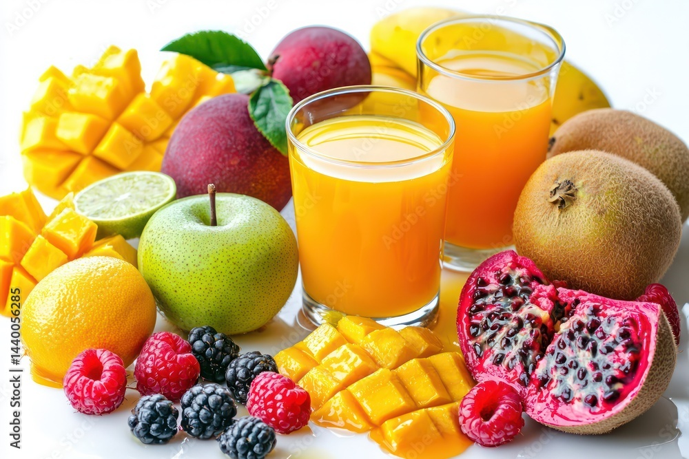 Tropical fruit juice burst Mango kiwi passion fruit raspberries more vibrant colors fresh and juicy Tropical fruit juice burst Mango kiwi passion fruit raspberries more vibrant colors fresh and juicy