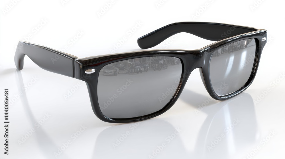 Stylish black sunglasses resting on a reflective surface, showcasing a modern design and subtle elegance Stylish black sunglasses resting on a reflective surface, showcasing a modern design and subtle elegance