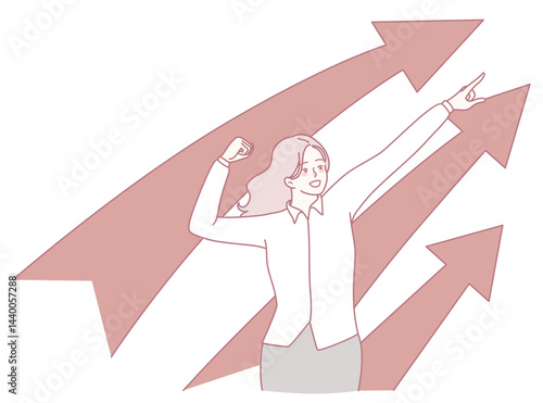 A confident woman symbolizes ambition and success, illustrated by arrows that depict growth and advancement